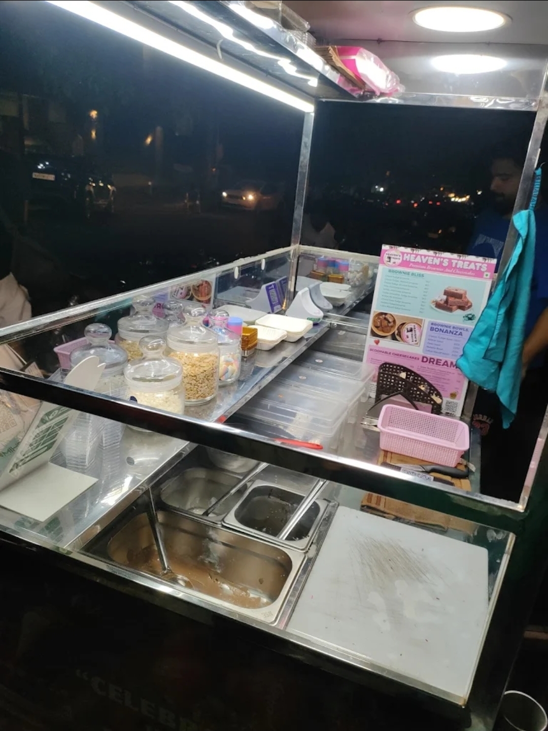 Toppings jars and dessert prep counter