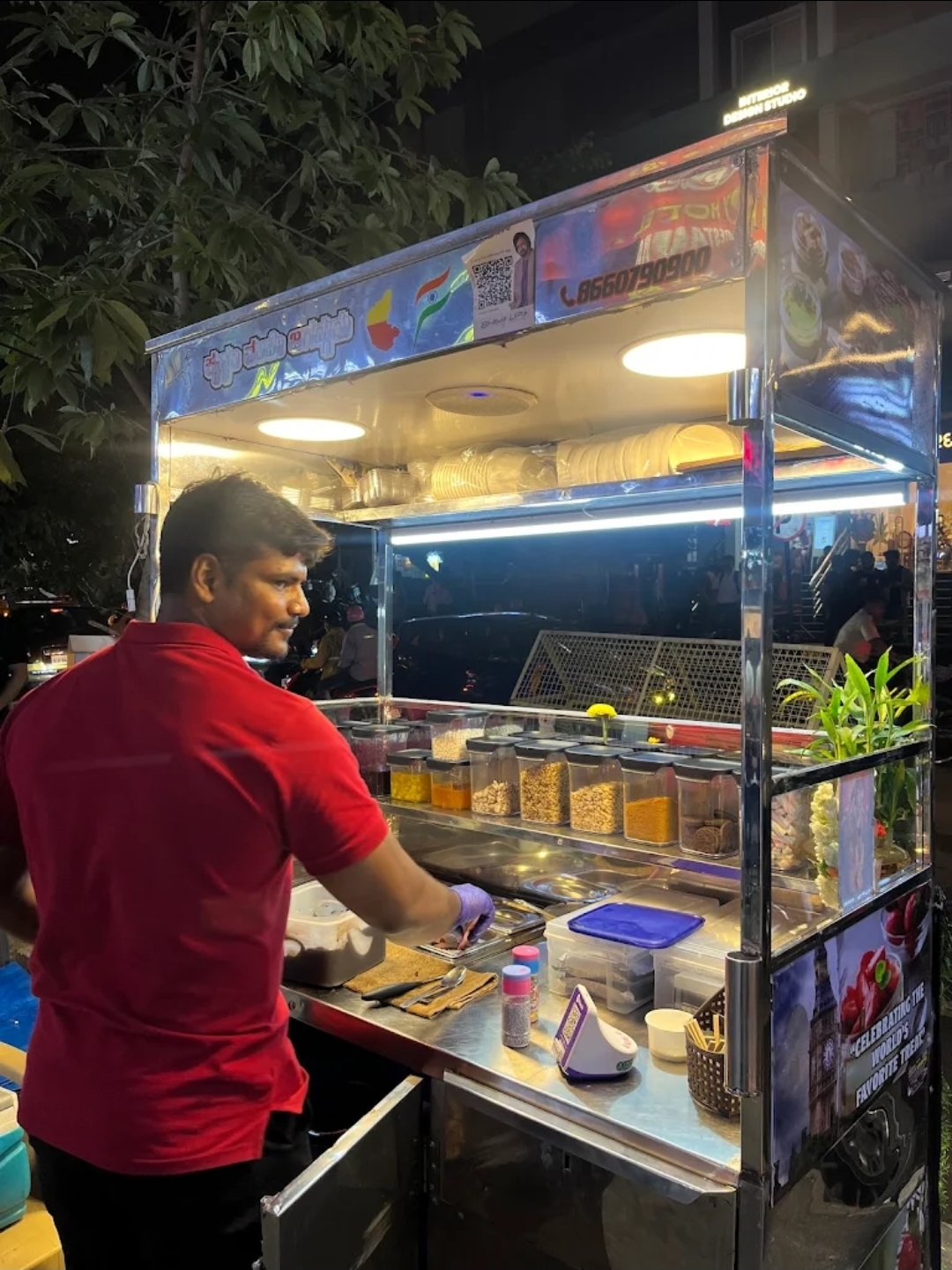 Preparing desserts at the cart